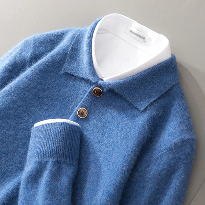 Autumn And Winter New 100 Pure Wool Sweater Men's POLO Collar Button Loose Pullover Sweater Cashmere Knitted Bottoming Shirt