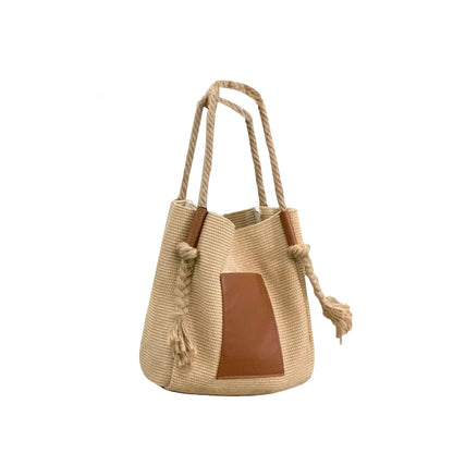 PU Leather Bucket Shoulder Bags for Women Woven Rope Hand Bag Female Large Handle Bag Purse