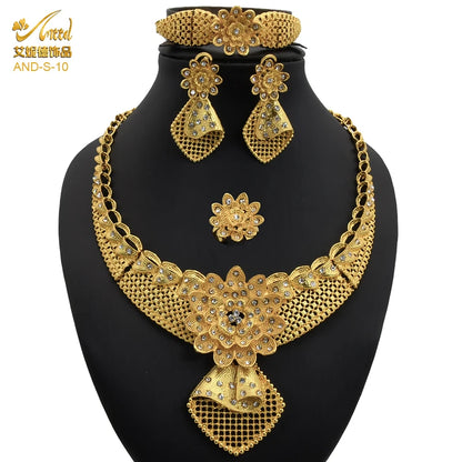 ANIID African Jewelery Sets Flower Earrings Choker Necklace Bracelet Hawaiian Indian Dubai Golden Jewelry For Women Accessories