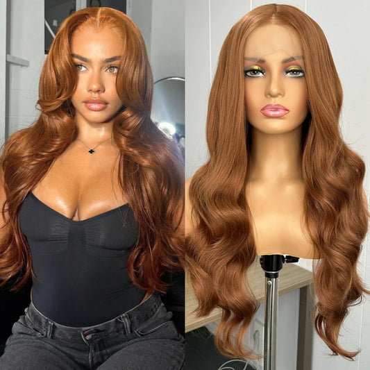 Ginger Brown Long Body Wave Synthetic Middle Part Natural Curly Loose Wavy Reddish Brown Heat Resistant Fiber Wigs for Women