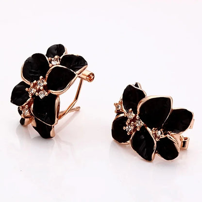 Fashion Rose Flower Enamel Jewelry Set Rose Gold Color Black Painting Bridal Jewelry Sets for Women Wedding