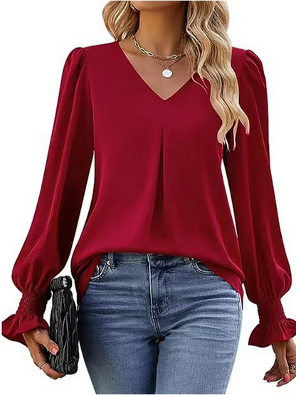 Women's Simple Solid Color V-neck Long Sleeve Top Lady Fashionable  T-shirt Elegant Autumn Work Clothes
