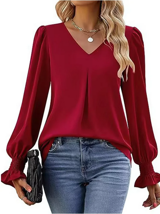 Women's Simple Solid Color V-neck Long Sleeve Top Lady Fashionable  T-shirt Elegant Autumn Work Clothes