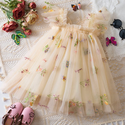 Baby Girls Dresses Princess Birthday Party Sweet Baby Girls Dresses Back Bow Wings Fairy Strap Embroidered Butterfly Mesh Dress