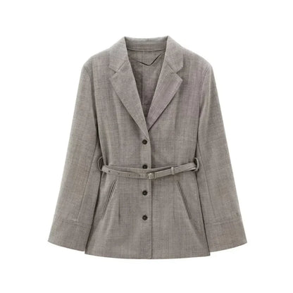 ZBZA Women Loose Blazer with Belt Lapel Long Sleeve Single Breasted Solid Sleeve Button Casual Commuter Jacket Fall Winter Coat