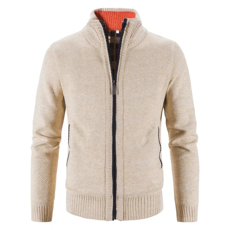 Autumn Winter New Men Trendy Knitted Cardigan Fleece Zipper Sweater Men's Warm Coat Stand-up Collar Solid Color Sweater Cardigan