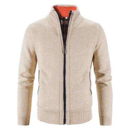 Autumn Winter New Men Trendy Knitted Cardigan Fleece Zipper Sweater Men's Warm Coat Stand-up Collar Solid Color Sweater Cardigan