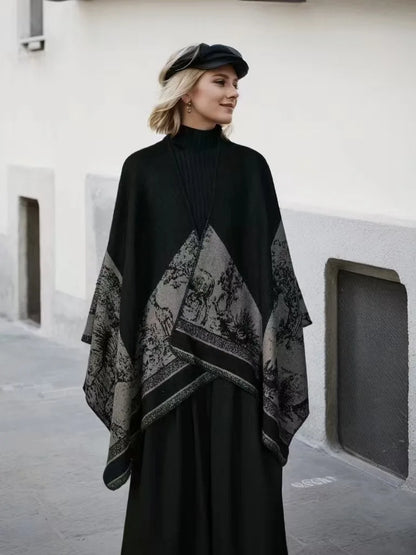 2024 Winter Women Faux Woolen Loose Tassel Shawl Capes Cashmere Wear Warm Thick Poncho Cardigan Lady Printed Plaid Blanket
