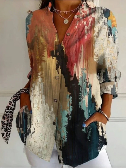 Lapel Button Long Sleeved Geometric Printed Women's Shirt High Street Fashion Artistic Retro Style Spring Top