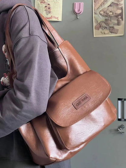 American Retro Tote Bags For Women Leather Handbags Trend 2024 Niche Design Brown Student Large Capacity Shoulder Hand Bag