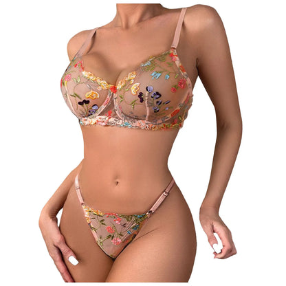 Women Underwire Lingerie Set Cute Push Up Strappy Embroidered Sheer Mesh Lingerie Set 2pcs Panty Bra Lingerie For Women LenceríA