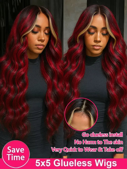 200 Density 1B/27/Red Wig 30 Inch Highlight 5x5 Glueless 99J Burgundy Body Wave Colored Transparent Lace Closure Wigs Human Hair