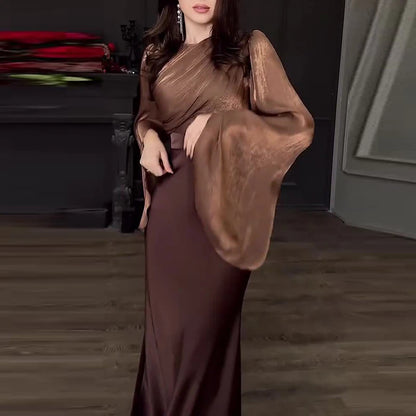 Women Fashion O-neck Hight Waist Long Dress Sexy Split Long Sleeve Solid Party Dress Elegant Mesh Patchwork Satin Evening Dress