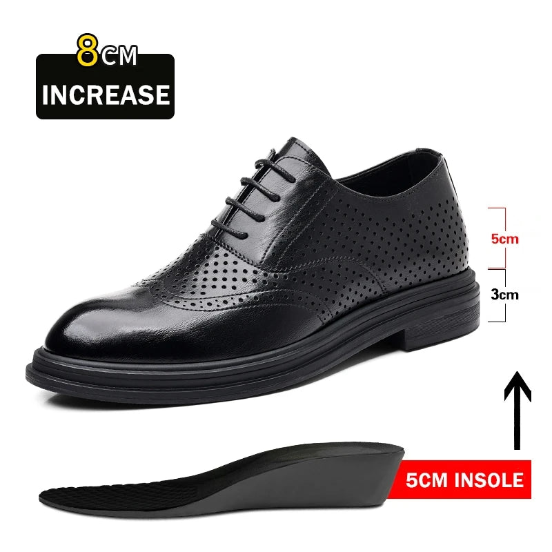 Spring Summer Men Hollow Platform High Heel 6/8 CM Height Growth Formal Men Derby Leather Shoes Man Wedding Dress Elevator Shoes
