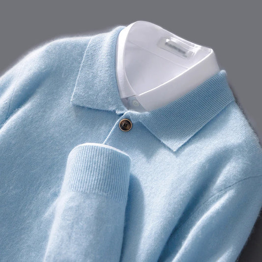 Autumn And Winter New 100 Pure Wool Sweater Men's POLO Collar Button Loose Pullover Sweater Cashmere Knitted Bottoming Shirt