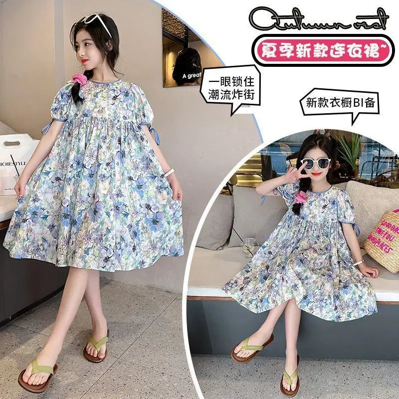 2025 Girls Dress Summer Loose Floral Pattern Beach Dress For Girl Bohemia Princess Children Dresses Vestido Teenage 3-14 Years