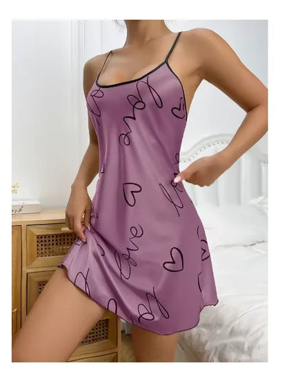 Sleepwear Women's Sexy Lingerie Heart Print Nightdress Scoop Neck Criss Cross Back Sleepdress Nightgowns Pajamas Nighties