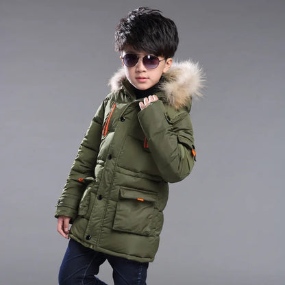 Children's down jacket new winter boys' and girls' Plush warm medium length jacket hooded large wool collar cotton padded jacket