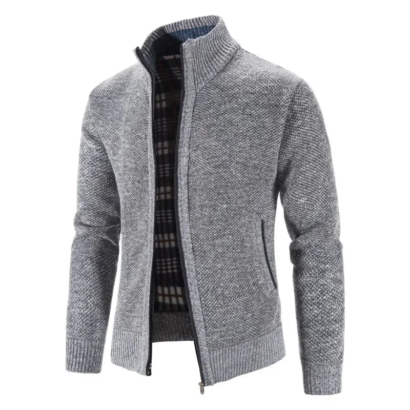 Autumn Winter New Men Trendy Knitted Cardigan Fleece Zipper Sweater Men's Warm Coat Stand-up Collar Solid Color Sweater Cardigan