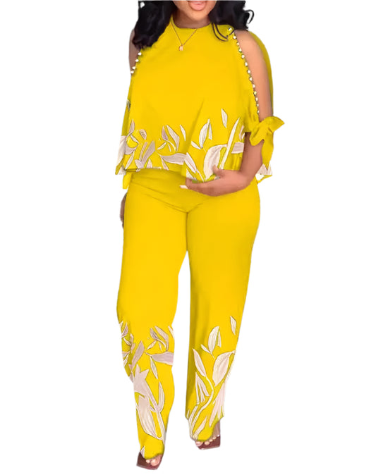 2024 Spring Summer Fashion New Printed Set Women Loose Casual Round Neck Raglan Hollow Five Quarter Sleeve Trousers Suit Lady
