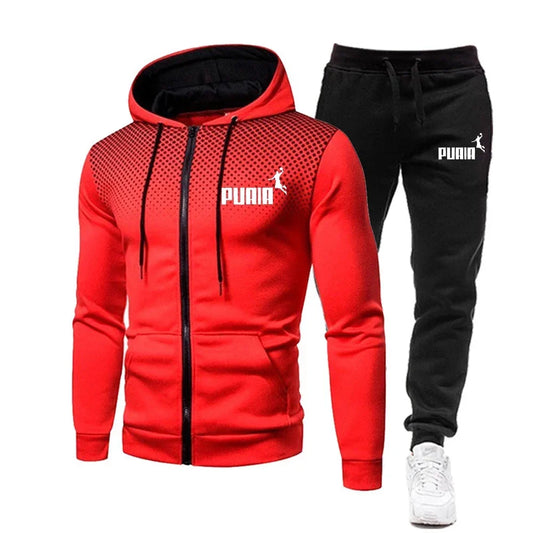 2025 New men's sportswear hooded printed top + leisure entertainment trend polka dot fast run leisure fitness sportswear set