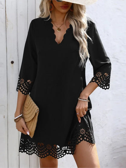 Fashion Elegant Women Dresses V-Neck Three Quarter Sleeve Hollow Out Hem A-Line Dress Female Casual Holiday Ladies Dresses 2025