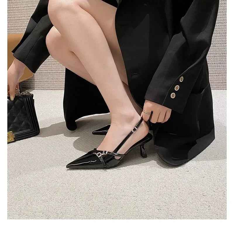 Fashionable large-sized sandals, 2025 summer new sexy party, patent leather pointed-toe elegant stiletto women's shoes