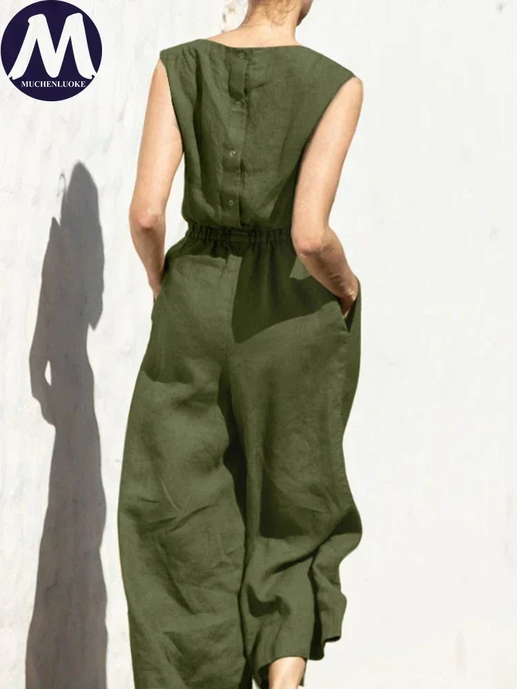 Jumpsuits for Women 2025 Summer Solid Sleeveless Long Jumpsuit Fashion Casual High Waisted Loose Wide Leg Pants Women's Clothing