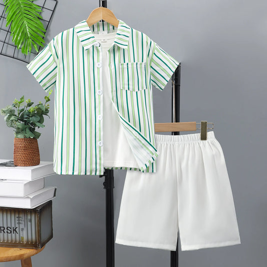 2pcs Boys Casual Striped Short Sleeve Lapel Shirt & Shorts Set, Comfy Summer Boys Clothing