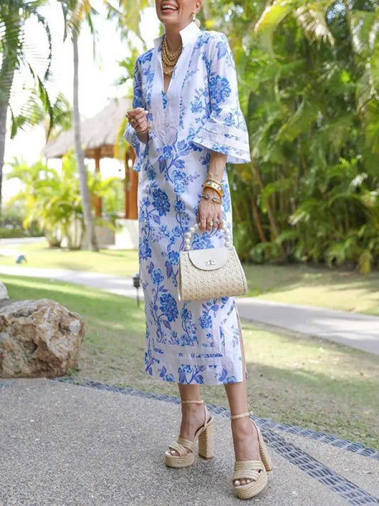 Yeezzi 2025 New Female Elegant Floral Printed Split-Side Party Evening Dresses Spring Summer Flared Sleeves V-Neck Banquet Dress