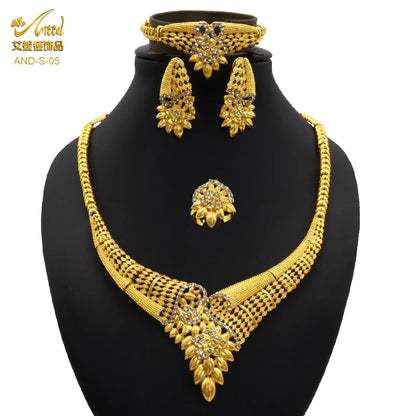 ANIID African Jewelery Sets Flower Earrings Choker Necklace Bracelet Hawaiian Indian Dubai Golden Jewelry For Women Accessories
