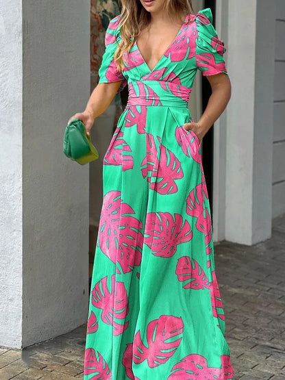 New Women's XL-5XL Plus Size Summer Fashion Print V-Neck Wide Leg Jumpsuit Pants Casual Temperament Elegant Long Pants Jumpsuit