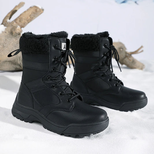 Winter Snow Boots for Both Men and Women, Mid-top PU Leather with Fleece, Warm, Flat and Anti-slip Hiking and Outdoor Boots