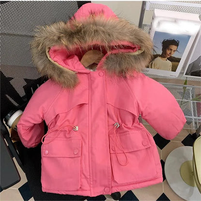 Winter children's wear Plush thickened cotton coat windbreaker coat New boys and girls medium length Plush waist cotton jacket
