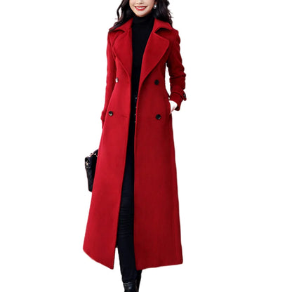 Winter Women's Coat Woolen Long Trench Outerwears Double-breasted Coats Belt Lapel Warm Streetwear Temperament Tops Jacket S-3XL
