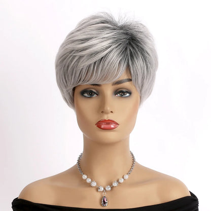 Short Grey Wigs for Women Gray White Pixie Cut Wigs with Dark Root Layered Synthetic Short Hair Wigs Natural Looking