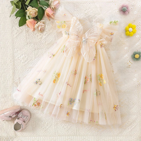 Baby Girls Dresses Princess Birthday Party Sweet Baby Girls Dresses Back Bow Wings Fairy Strap Embroidered Butterfly Mesh Dress