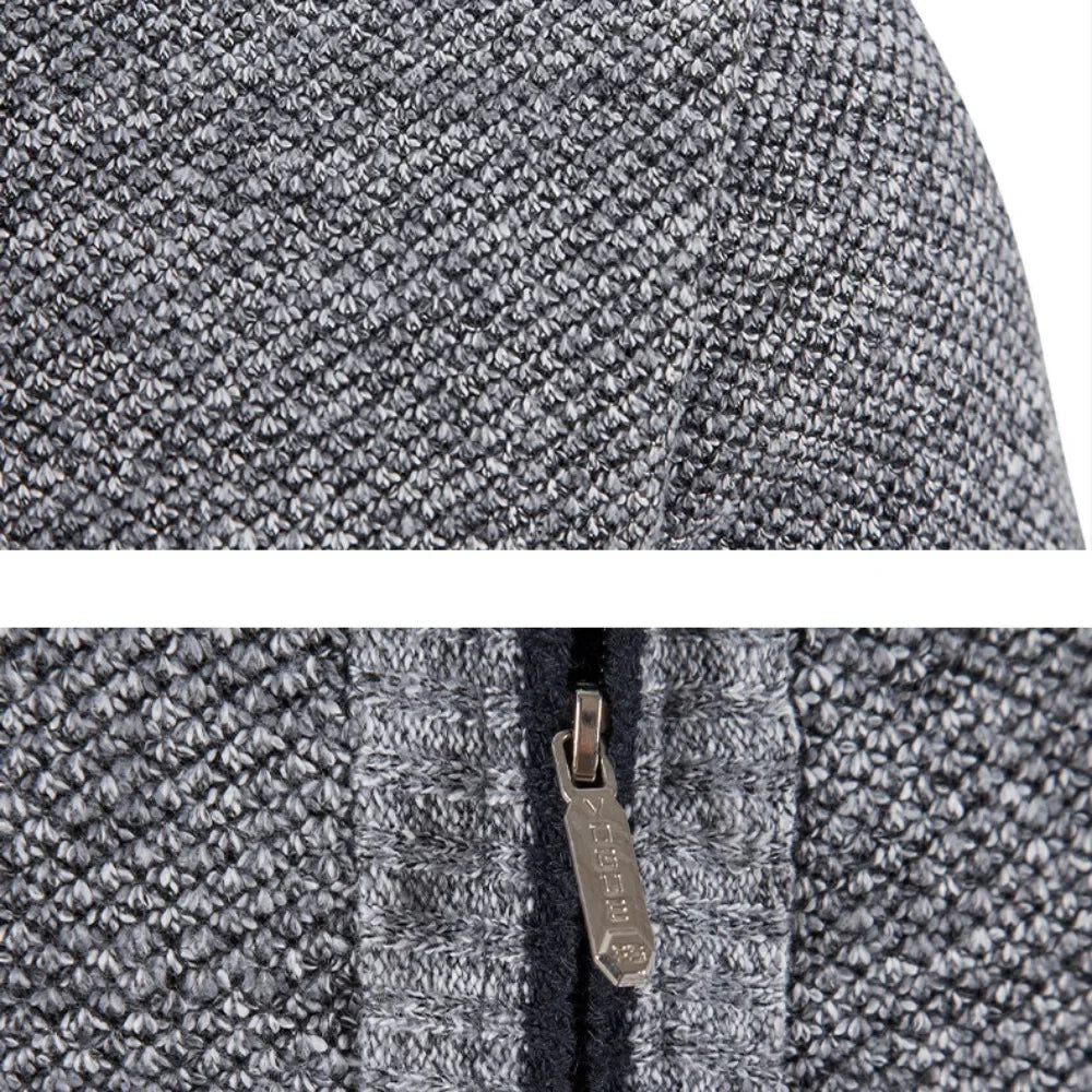 Autumn Winter New Men Trendy Knitted Cardigan Fleece Zipper Sweater Men's Warm Coat Stand-up Collar Solid Color Sweater Cardigan