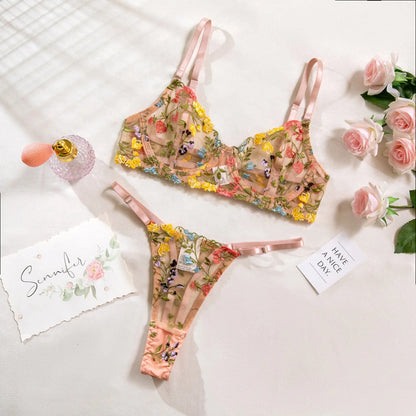Women Underwire Lingerie Set Cute Push Up Strappy Embroidered Sheer Mesh Lingerie Set 2pcs Panty Bra Lingerie For Women LenceríA
