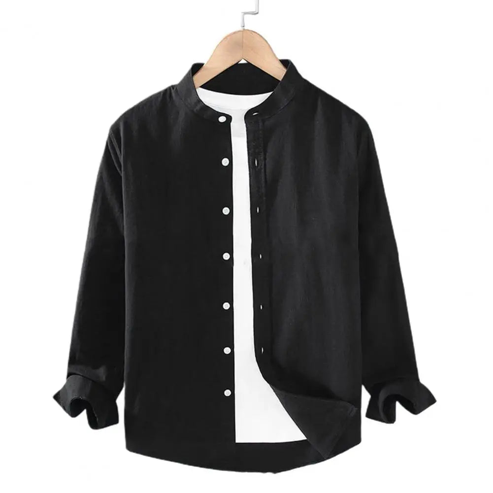 Men Shirt Men's Stand Collar Cardigan Shirt Solid Color Single-breasted Long Sleeves Soft Casual Coat for Fall Plus Size Mid