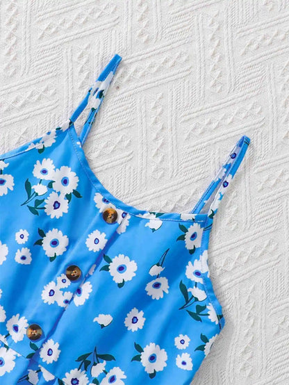 Girls' blue floral dress: light and comfortable, cool for summer, lively suspender design