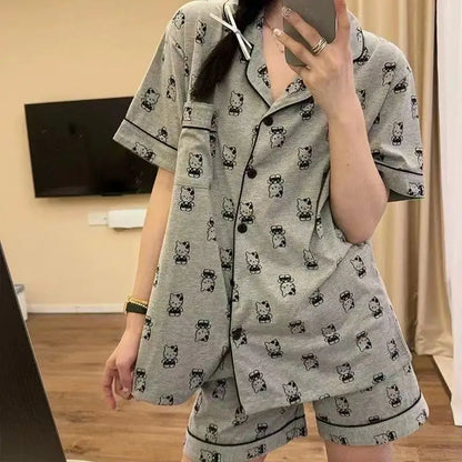 Cute Women's Summer Pajamas Set Cartoon Hello Kitty Nightgown Loose Soft Sleep Tops Short Sleeve Sweet Girls Sleepwear Clothes