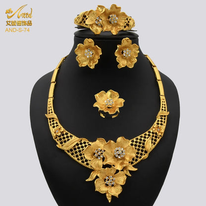 ANIID African Jewelery Sets Flower Earrings Choker Necklace Bracelet Hawaiian Indian Dubai Golden Jewelry For Women Accessories