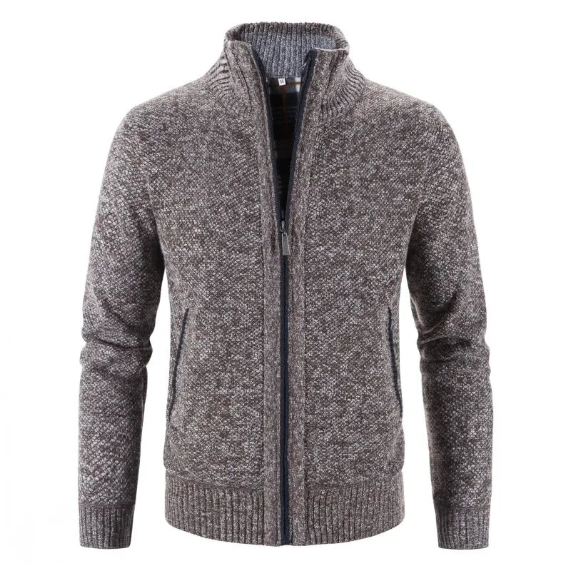 Autumn Winter New Men Trendy Knitted Cardigan Fleece Zipper Sweater Men's Warm Coat Stand-up Collar Solid Color Sweater Cardigan