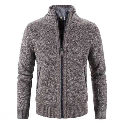 Autumn Winter New Men Trendy Knitted Cardigan Fleece Zipper Sweater Men's Warm Coat Stand-up Collar Solid Color Sweater Cardigan