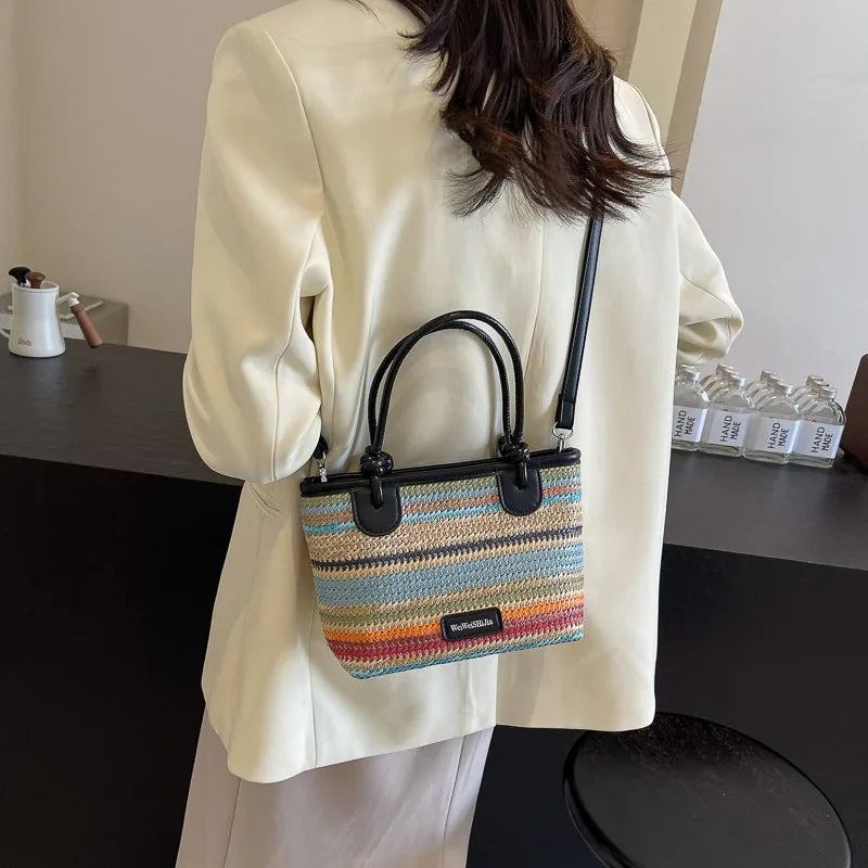 Seaside Vacation Beach Bag, Hand-woven Straw Hand-carried Women's Bag, 2025 New Summer Rainbow Single-shoulder Crossbody Bag