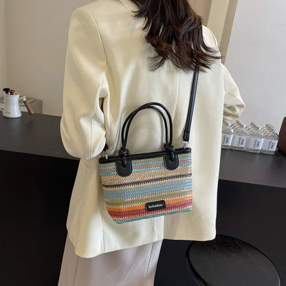 Seaside Vacation Beach Bag, Hand-woven Straw Hand-carried Women's Bag, 2025 New Summer Rainbow Single-shoulder Crossbody Bag