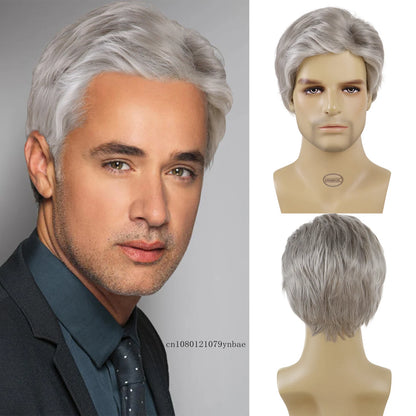 Short Wigs for Older Men Synthetic Grey Color Wig Toupees Natural Curly Wigs Daily Use Male Cosplay Costume Wig Hair Replacement