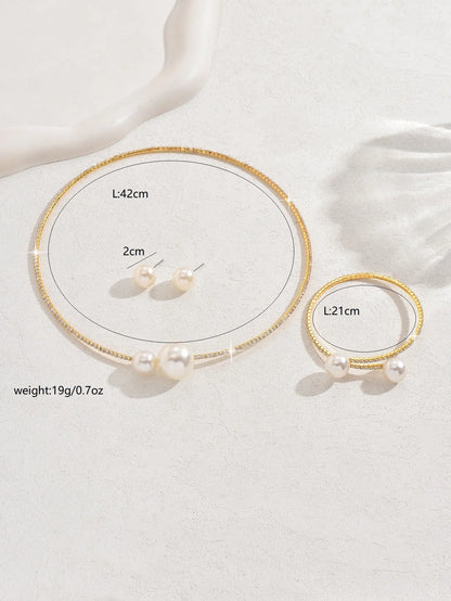 Fashionable Classic Wedding Party Jewelry Sets for Women Pearl Rhinestones Choker Necklace Earrings Bracelet Jewelry Sets