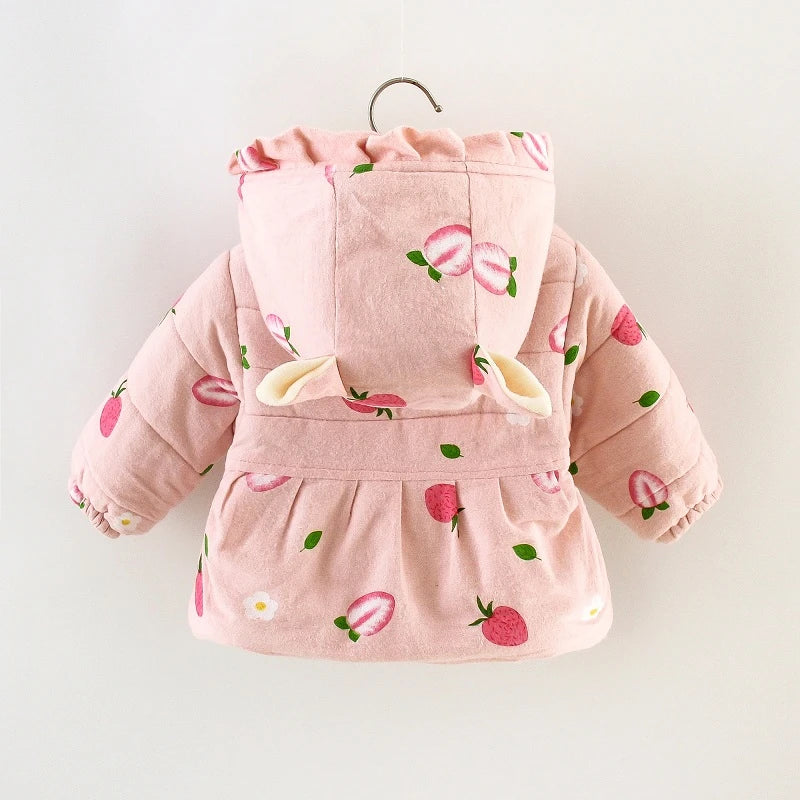 Winter Promotion Girls Coat Padded Jacket Furry Pocket Bow Long Sleeve Hooded Strawberry Cartoon Pattern Warm and Thick